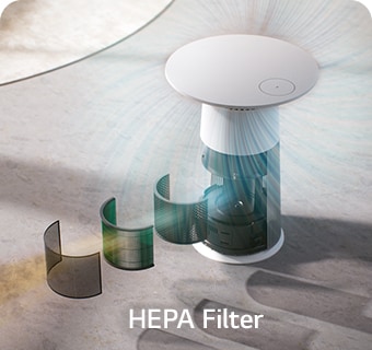 The filters of the product are shown step by step. Purified clean air is spewing out at 360˚ at the top of the product.